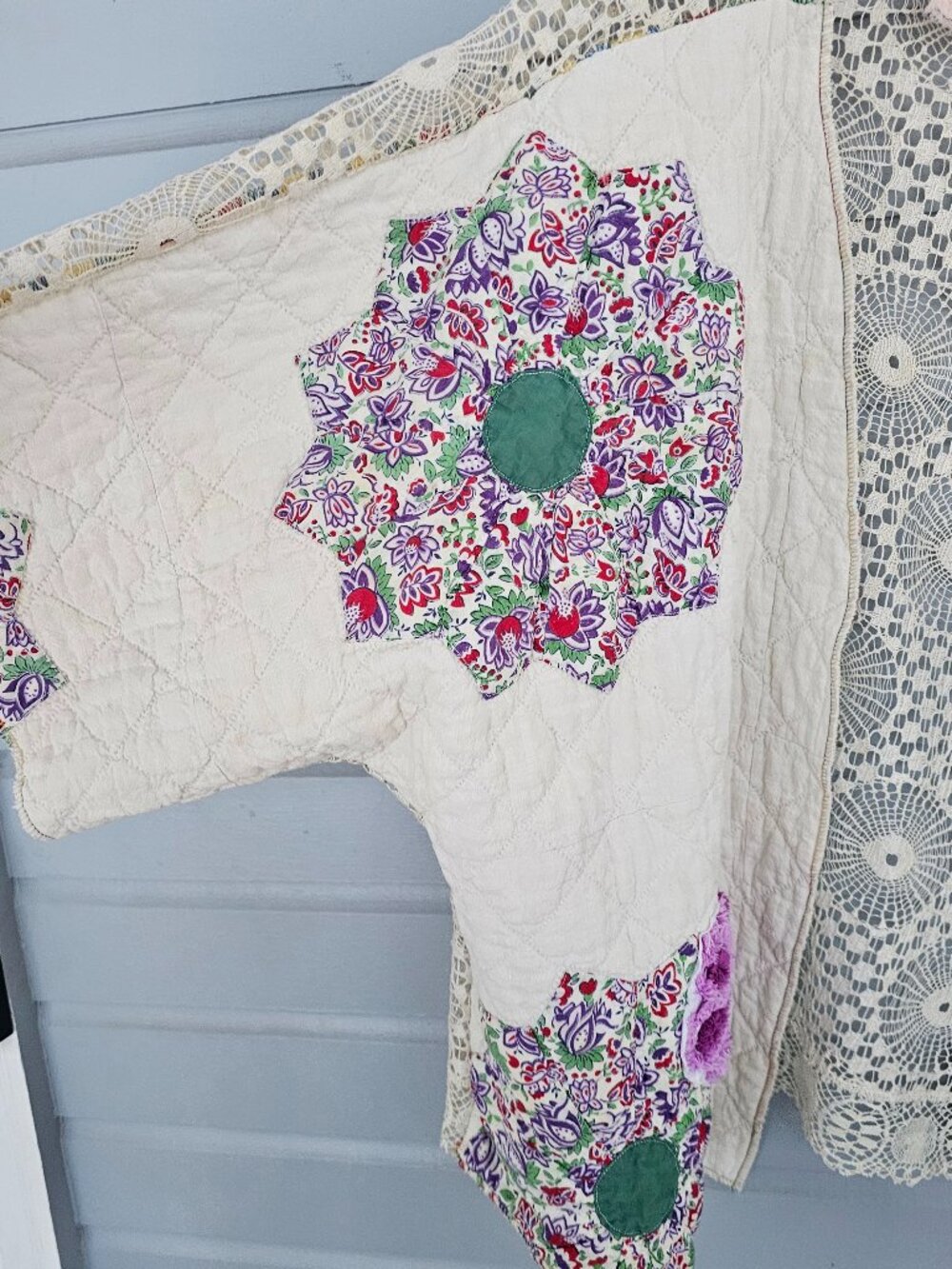 Upcycled Quilt and Lace Jacket by Jelbel - Oversized - Bright Bold Flowers